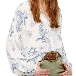 Free People Ivory Blue Toile PEACOCK Gauze blouse